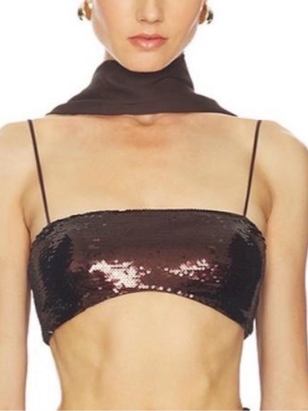 L’Academie Velada Dark Brown Sequin Top with Scarf